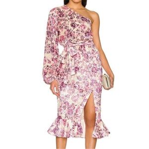 Hemant & Nandita Suki One Shoulder dress Med Pink & Gold velvet burnout